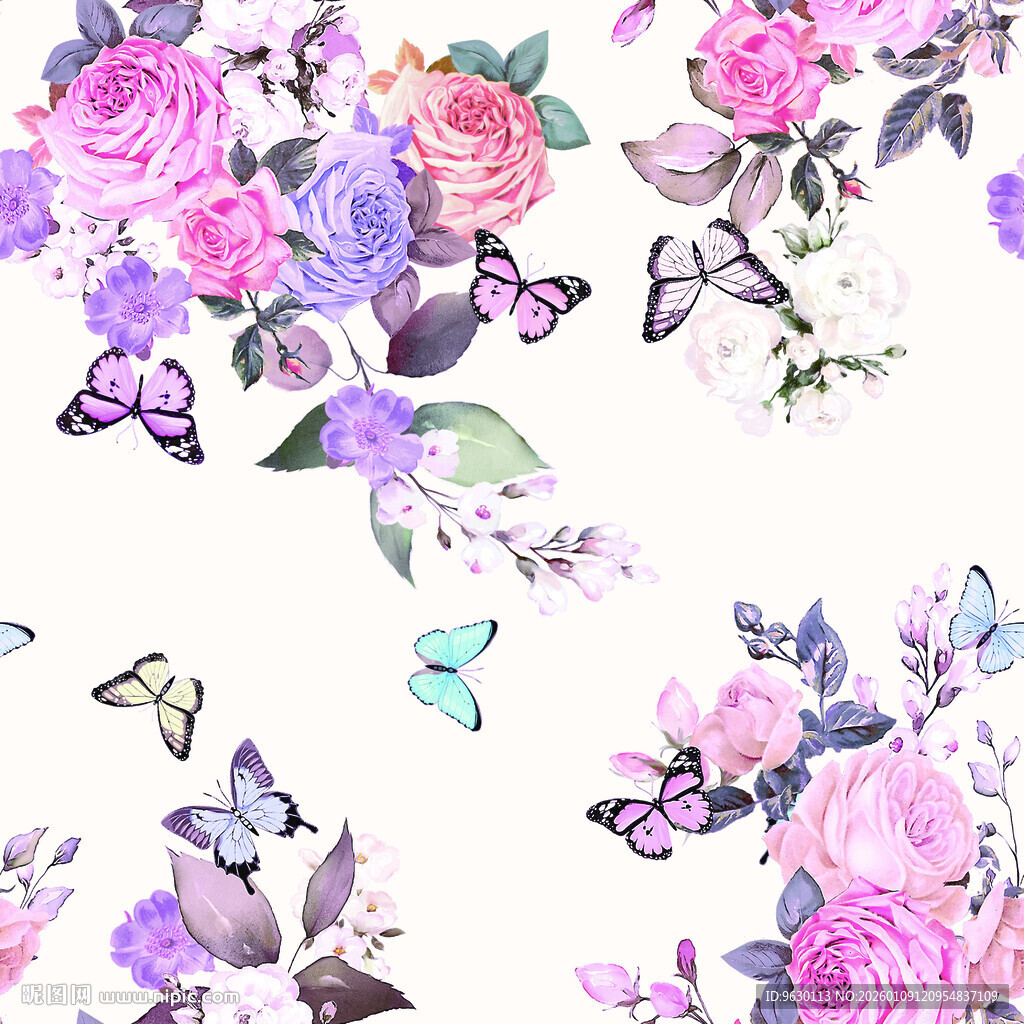 花卉蝴蝶图案精美水彩画