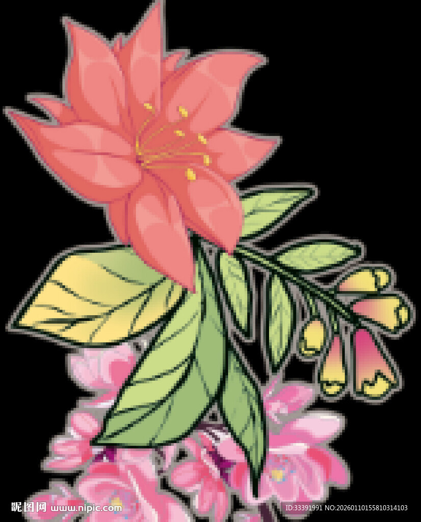 手绘多彩花 黑底下有牛仔底纹