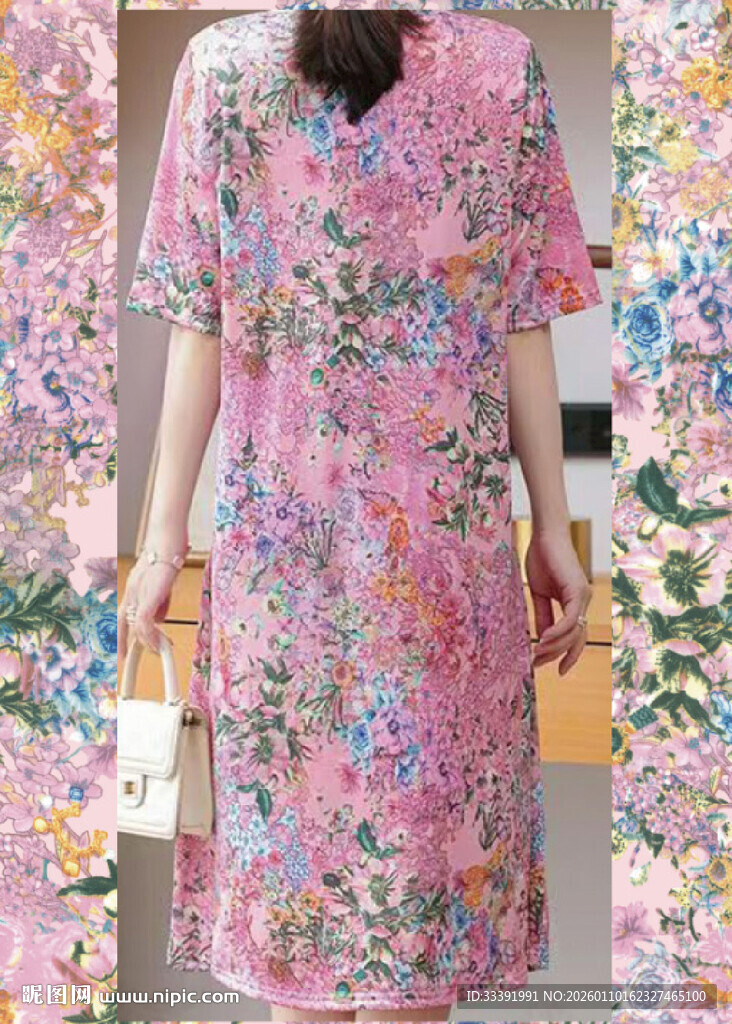 复古印花中式长款连衣裙