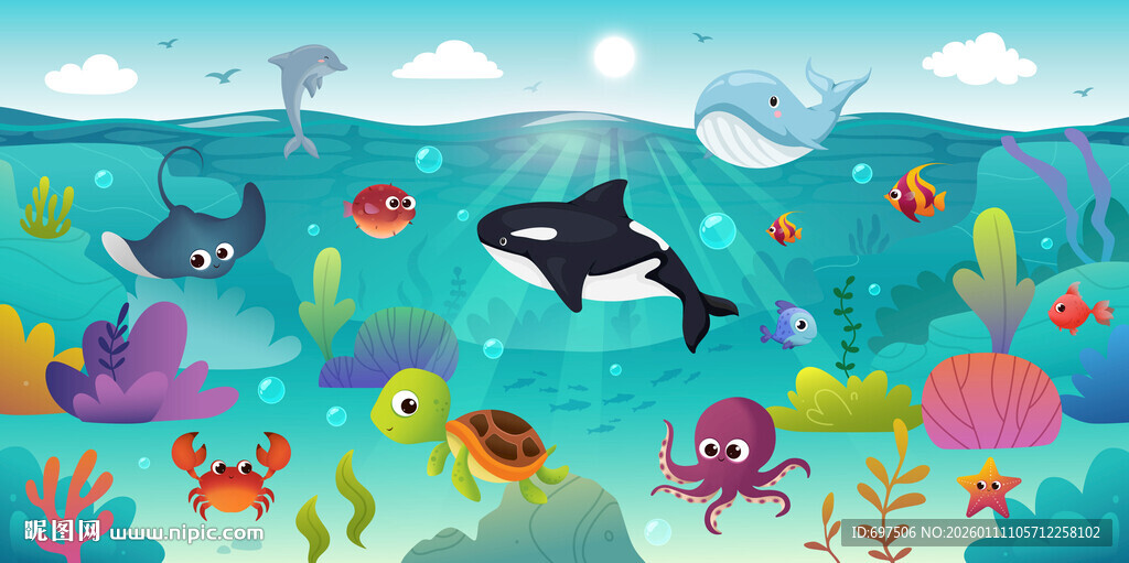 卡通鲸鱼海底动物珊瑚水族馆背景