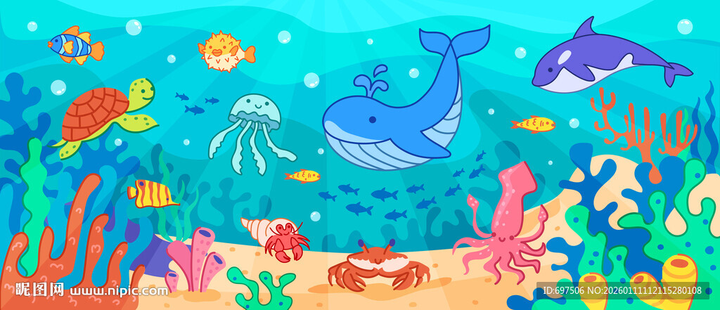 手绘海洋动物卡通鲸鱼海底背景墙