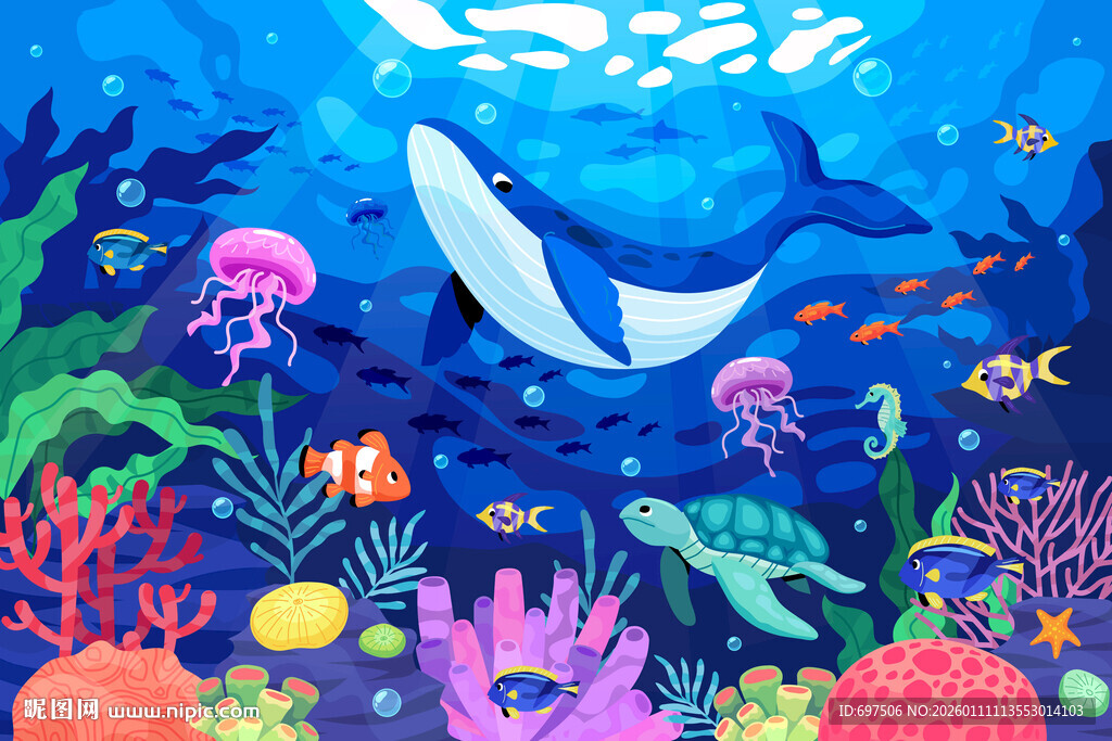 蓝色海底世界卡通鲸鱼珊瑚背景墙