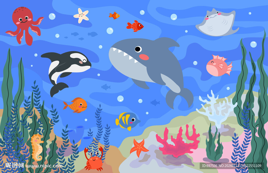 可爱鲨鱼卡通海底鲸鱼珊瑚背景墙