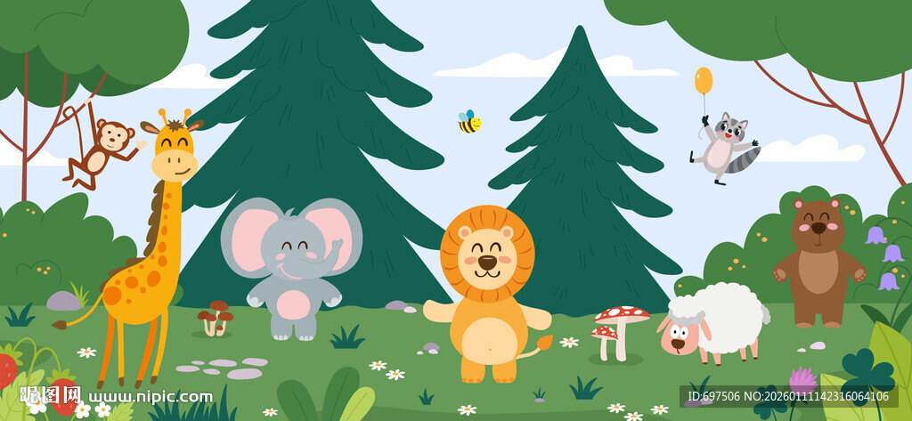 可爱动物乐园卡通丛林儿童背景墙