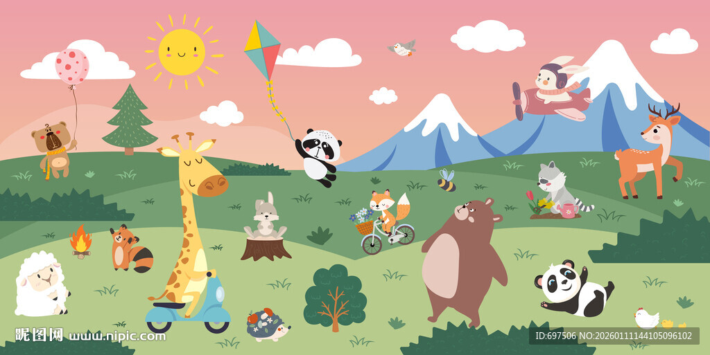 卡通山峰可爱动物乐园儿童背景墙