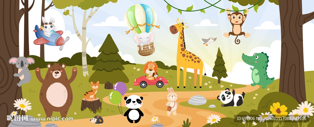 可爱动物乐园卡通丛林儿童背景墙