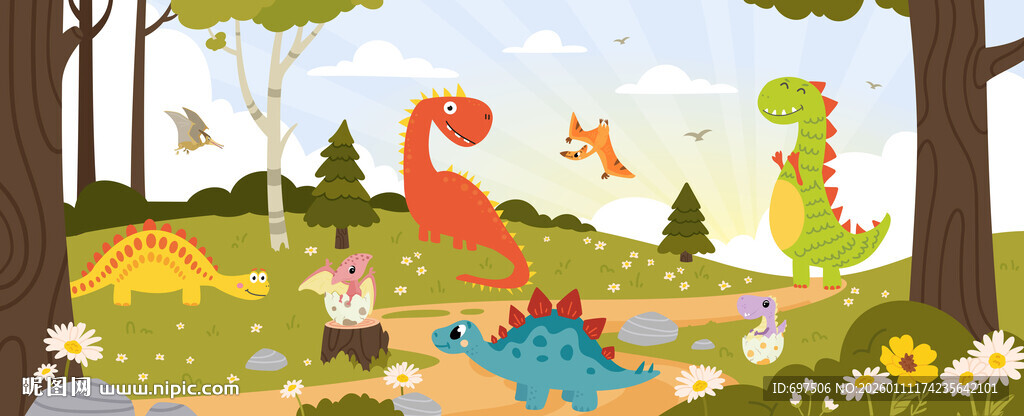可爱卡通森林恐龙世界儿童背景墙