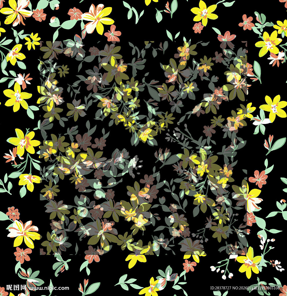 黑色背景上的多彩花卉图案