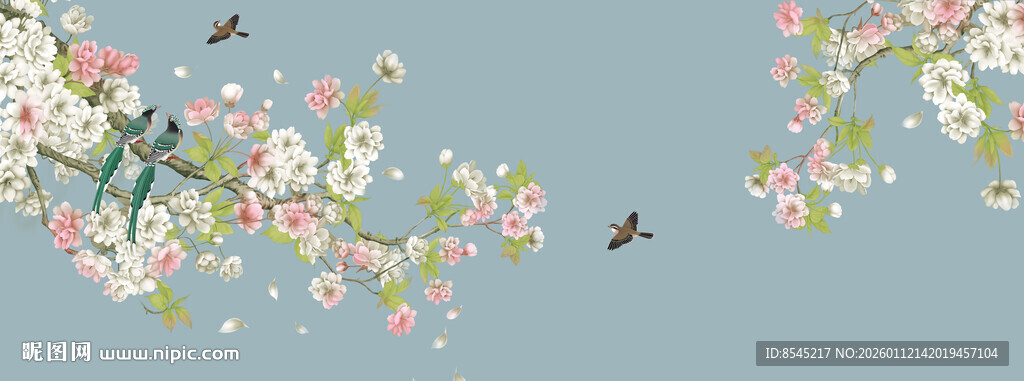 春日繁花间飞鸟图景