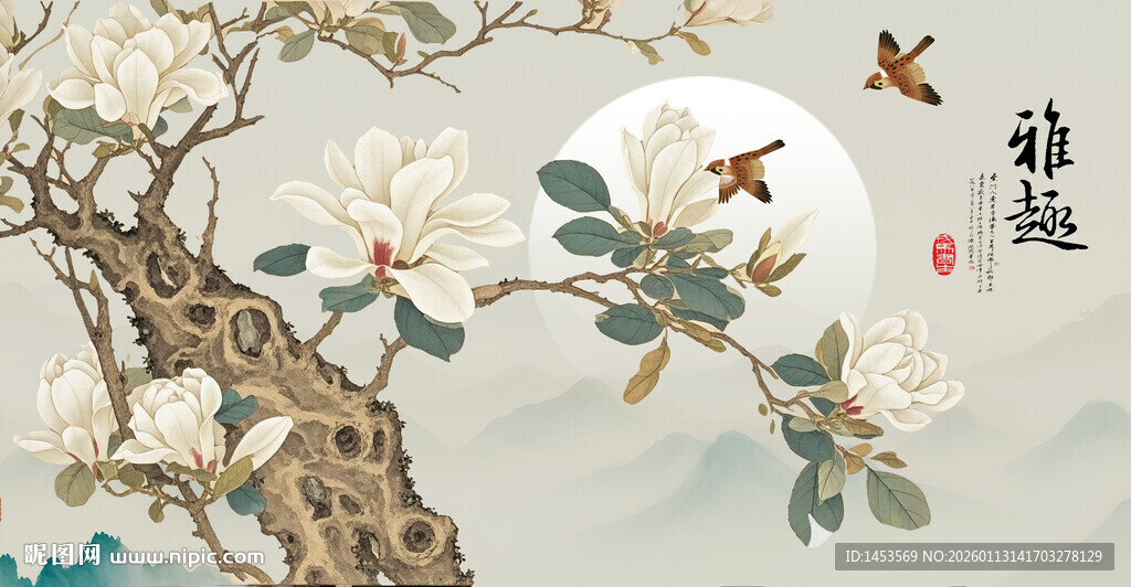 新中式工笔花鸟玉兰花背景图