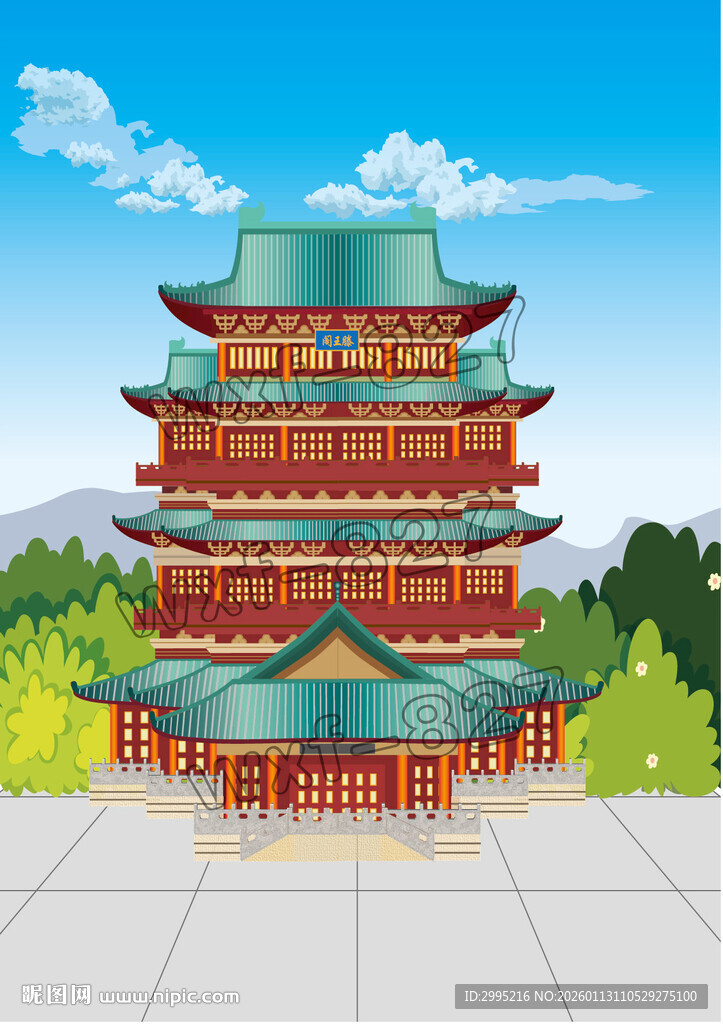 中国古代建筑滕王阁矢量图
