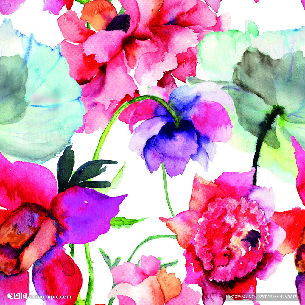 水彩绘就的绚烂花卉图案