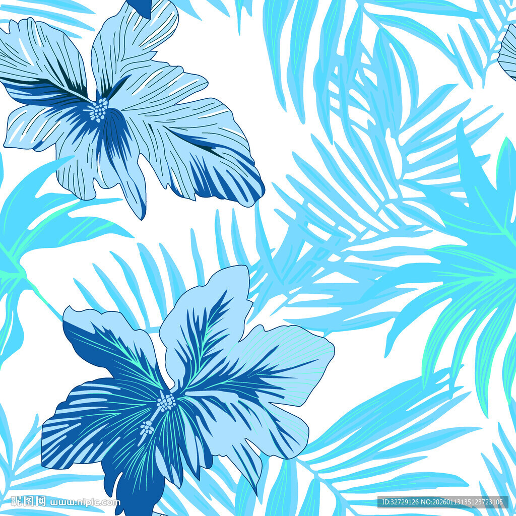蓝调热带花卉植物图案