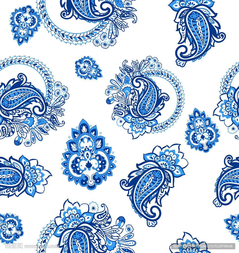 蓝白佩斯利花纹图案设计