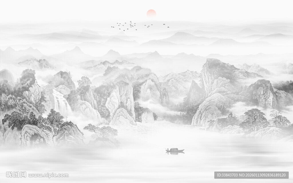 中式山水屏风画图片