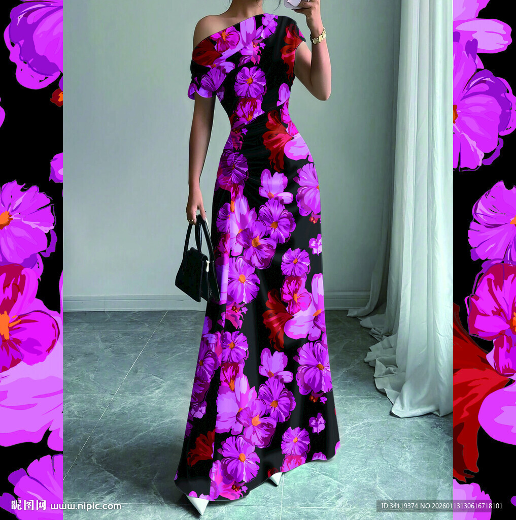 露肩花卉长裙时尚穿搭