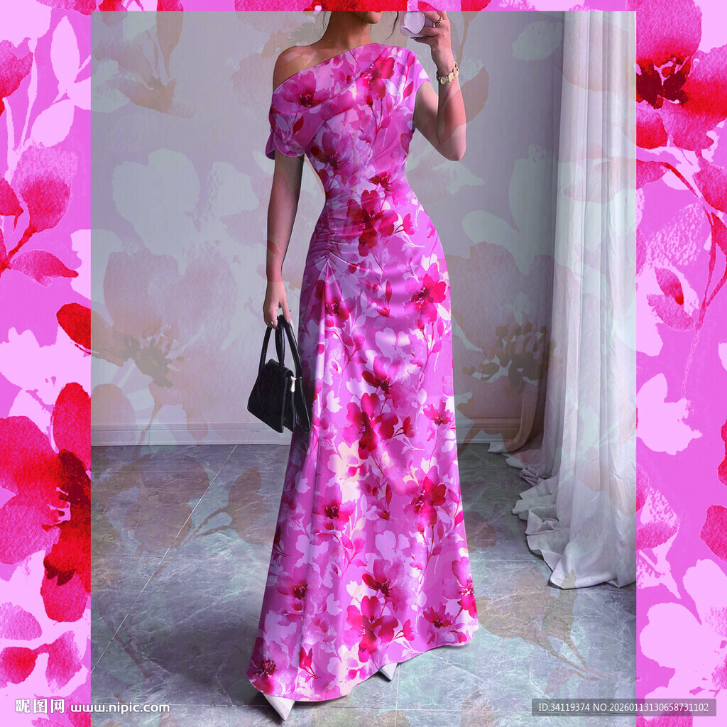 粉色露肩印花长裙模特图