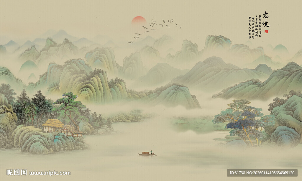 中国风千里江山背景壁画