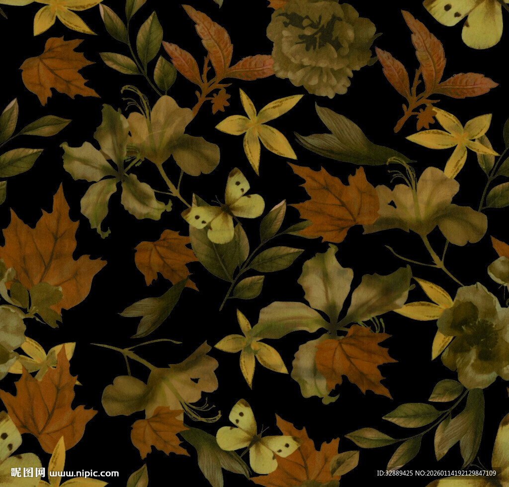 复古花卉黑色背景图案