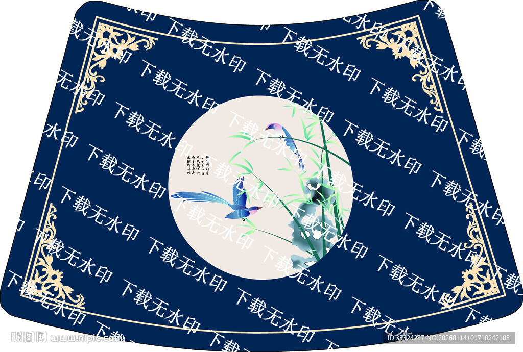 中式蓝底花鸟刺绣图案