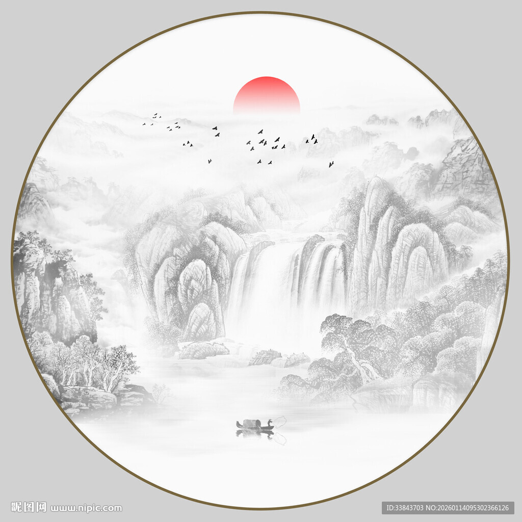 圆形山水水墨画