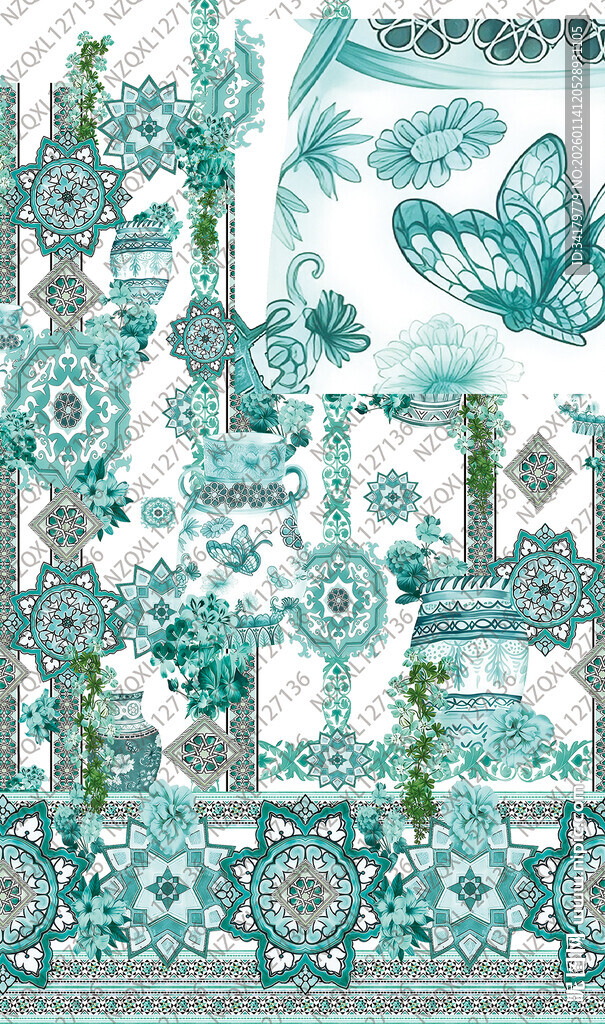 蓝绿色调花卉蝴蝶图案