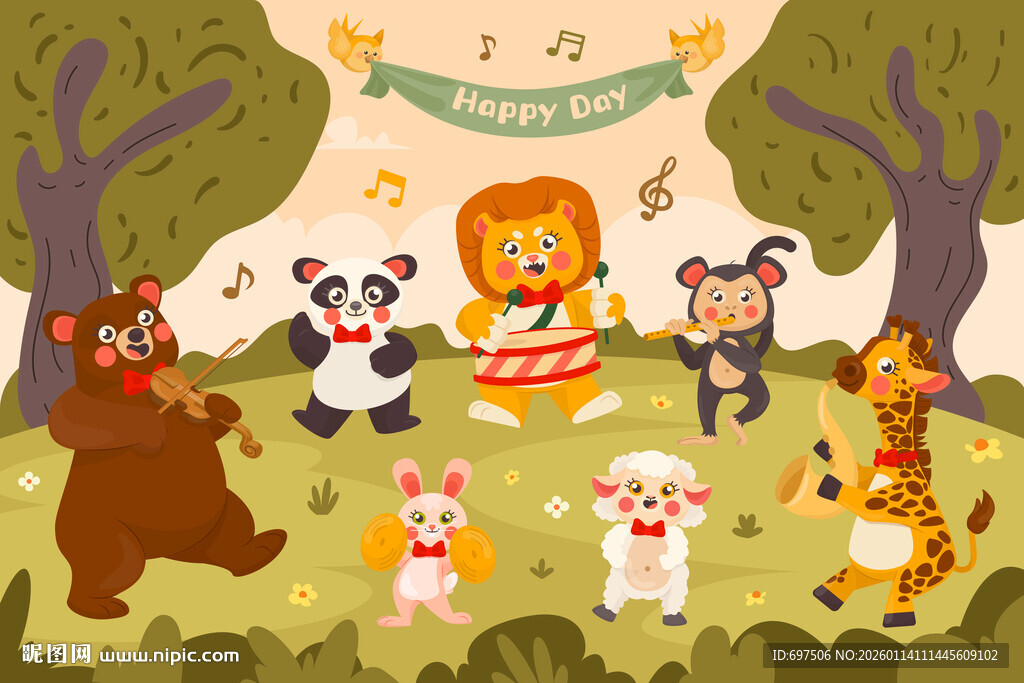 卡通森林可爱小动物音乐会背景墙