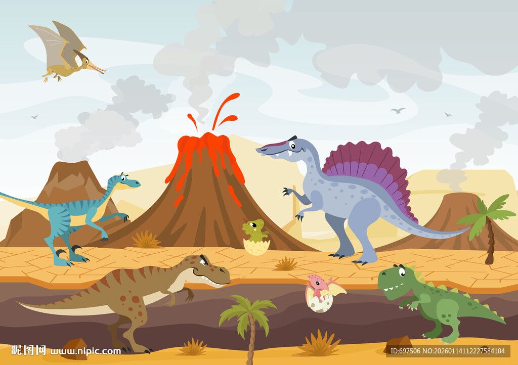 恐龙世界卡通火山喷发儿童背景墙