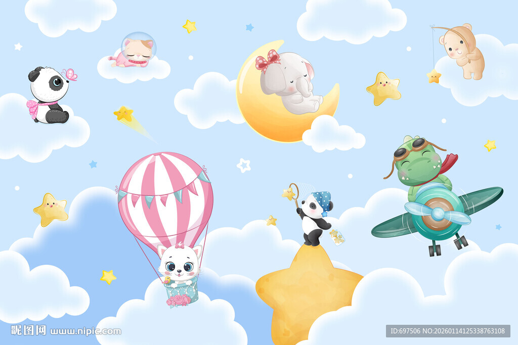 可爱小动物云朵月亮儿童房背景墙