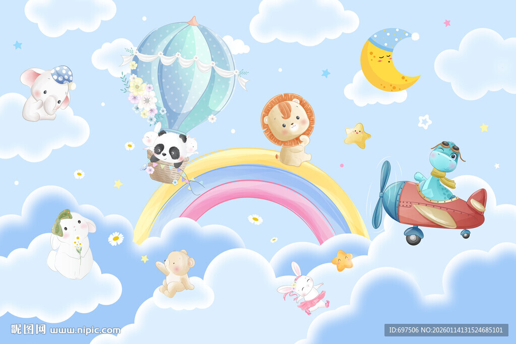 卡通彩虹云朵可爱动物儿童背景墙