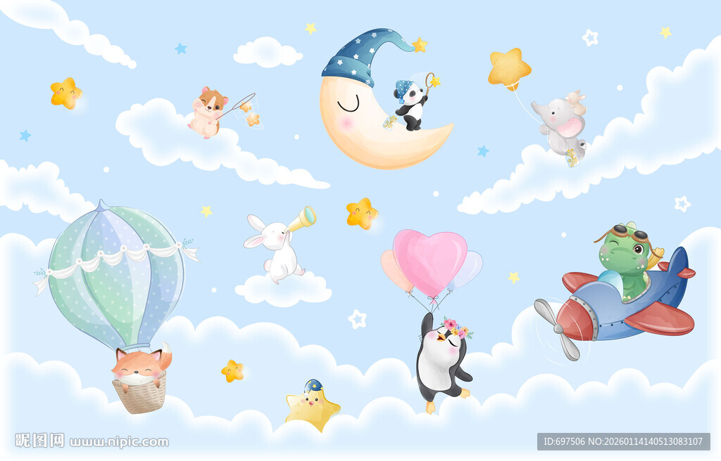 可爱卡通动物月亮云朵儿童背景墙