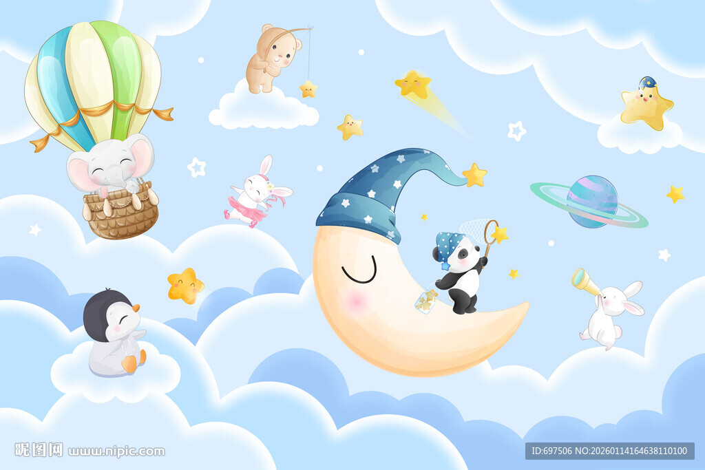 可爱卡通小动物月亮儿童房背景墙