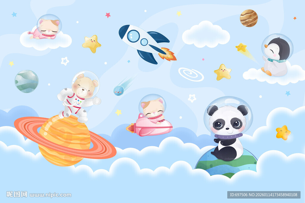 卡通动物太空火箭星球儿童背景墙
