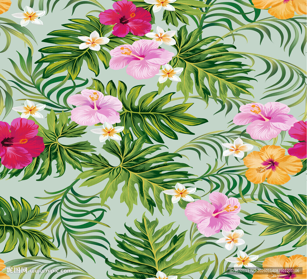 热带花卉绿叶图案背景