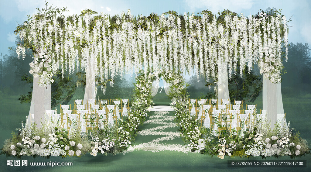 浪漫纯白户外婚礼仪式区