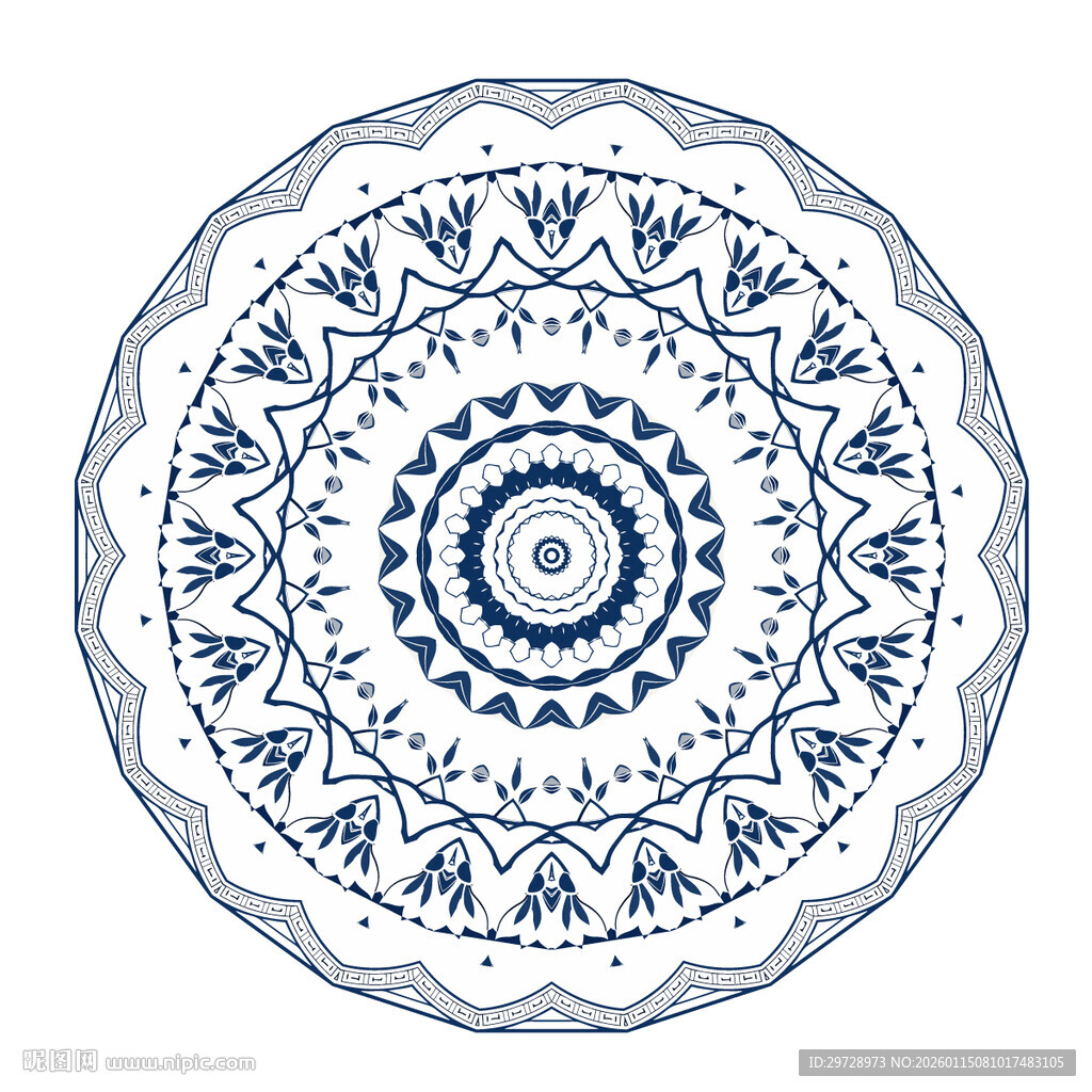 圆形青花瓷花卉纹样边框