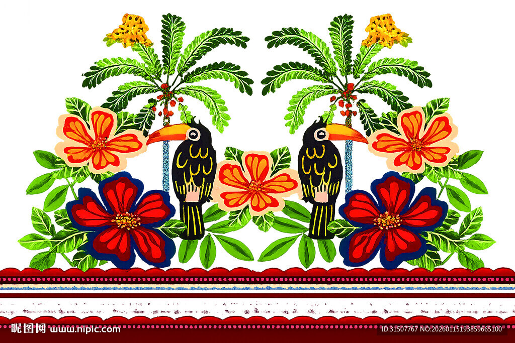 热带花卉与棕榈树刺绣图案