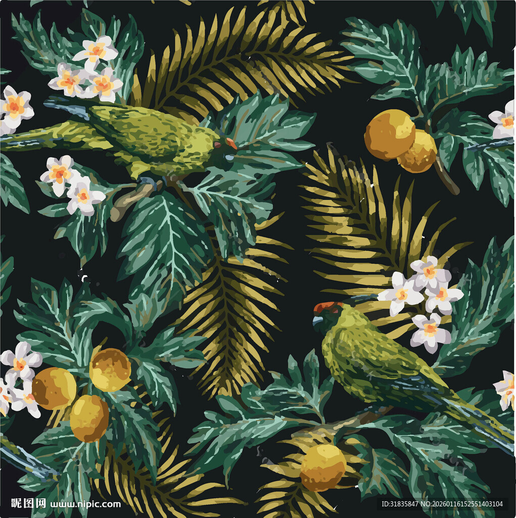 热带花鸟图案的精美织物