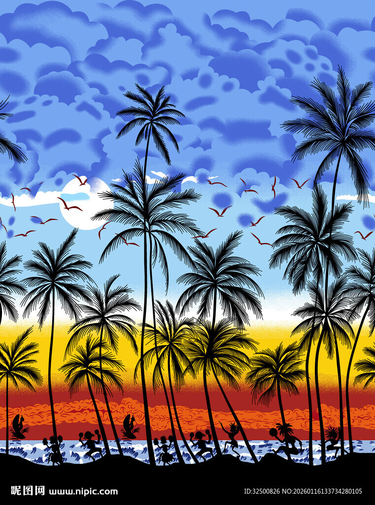 热带海滨椰林夕阳美景