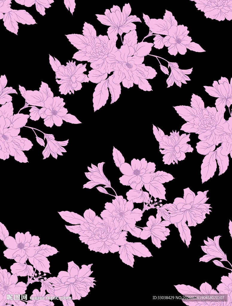 粉色花卉黑色背景图案
