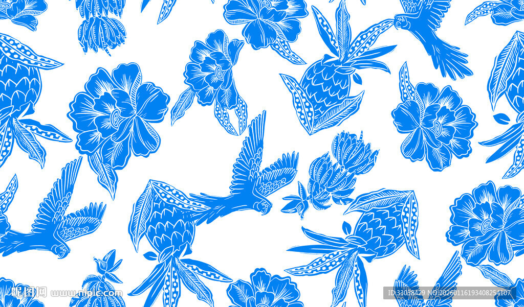 蓝白花鸟无缝图案纹理