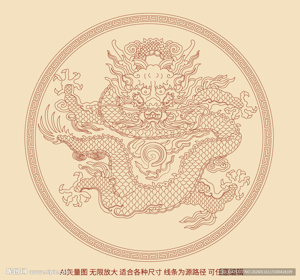 正面团龙矢量线描龙纹