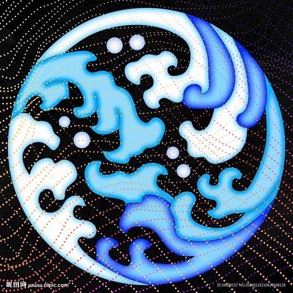 蓝白海浪纹圆形图案