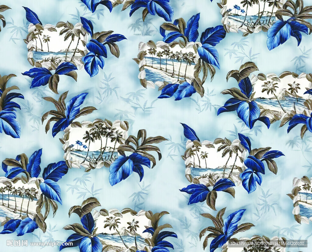蓝底热带风情印花图案