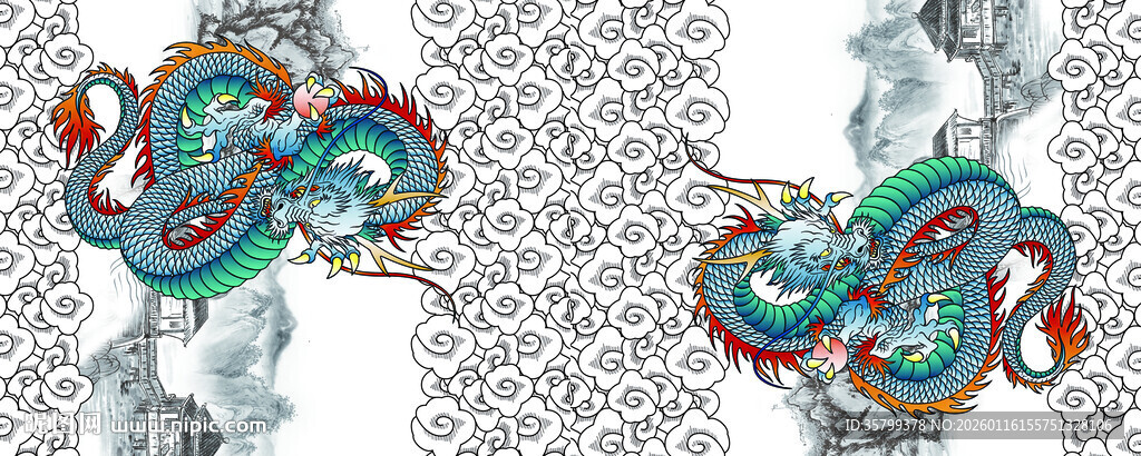 多彩中式龙纹图案设计