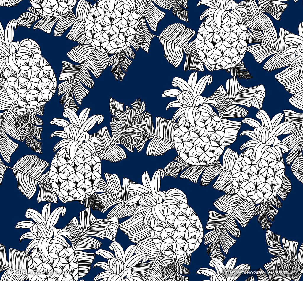 深蓝色底菠萝花卉图案