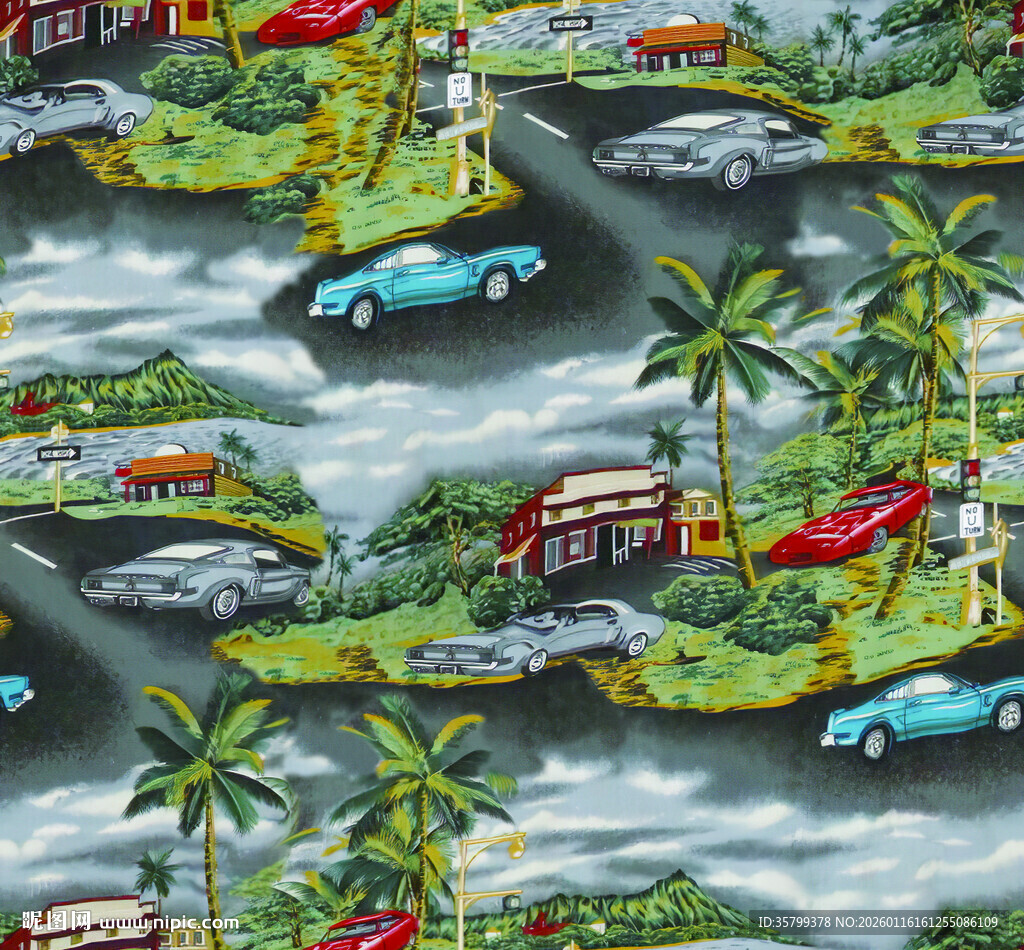 热带公路上的多彩汽车景观
