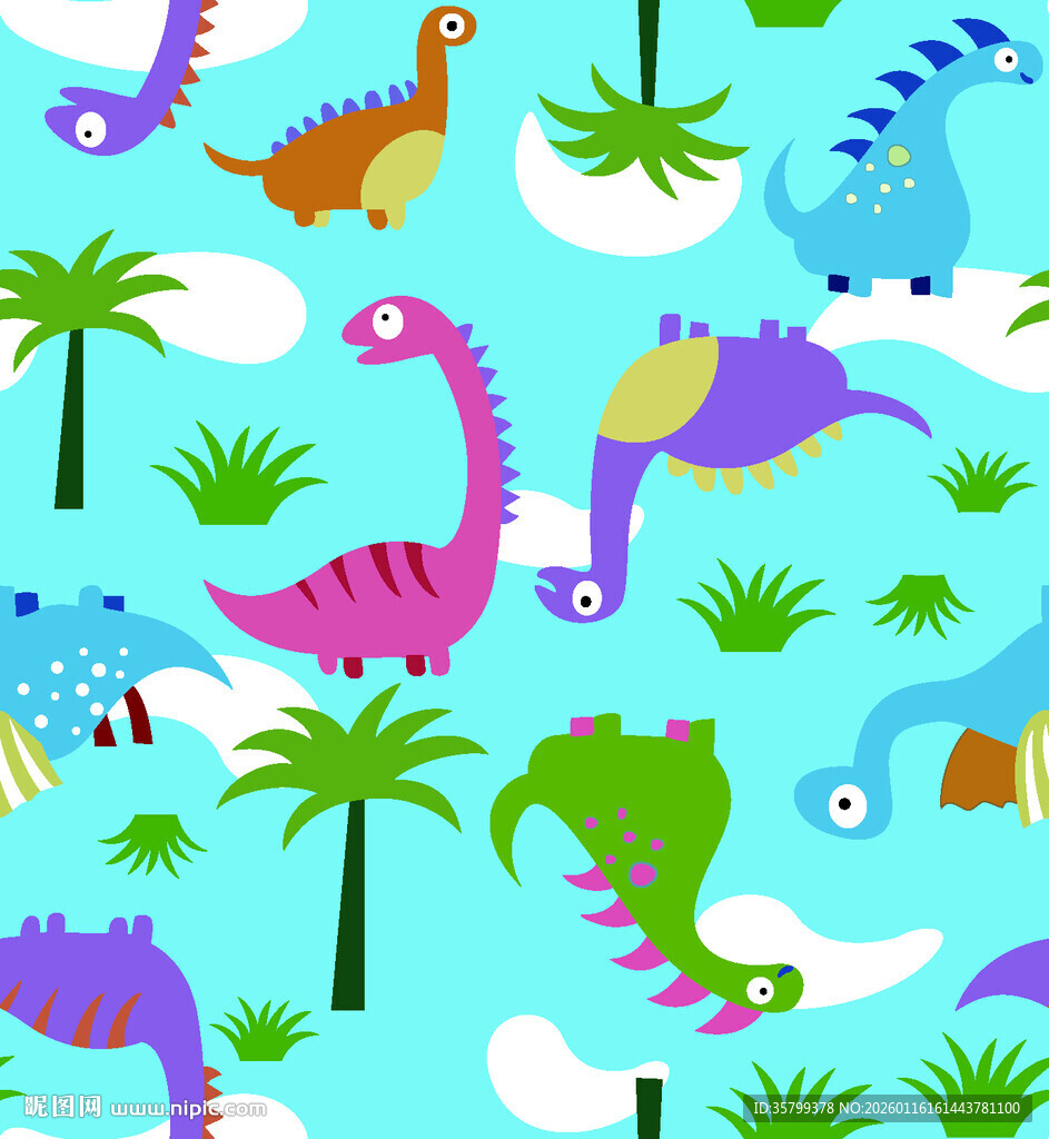 卡通恐龙与热带植物图案