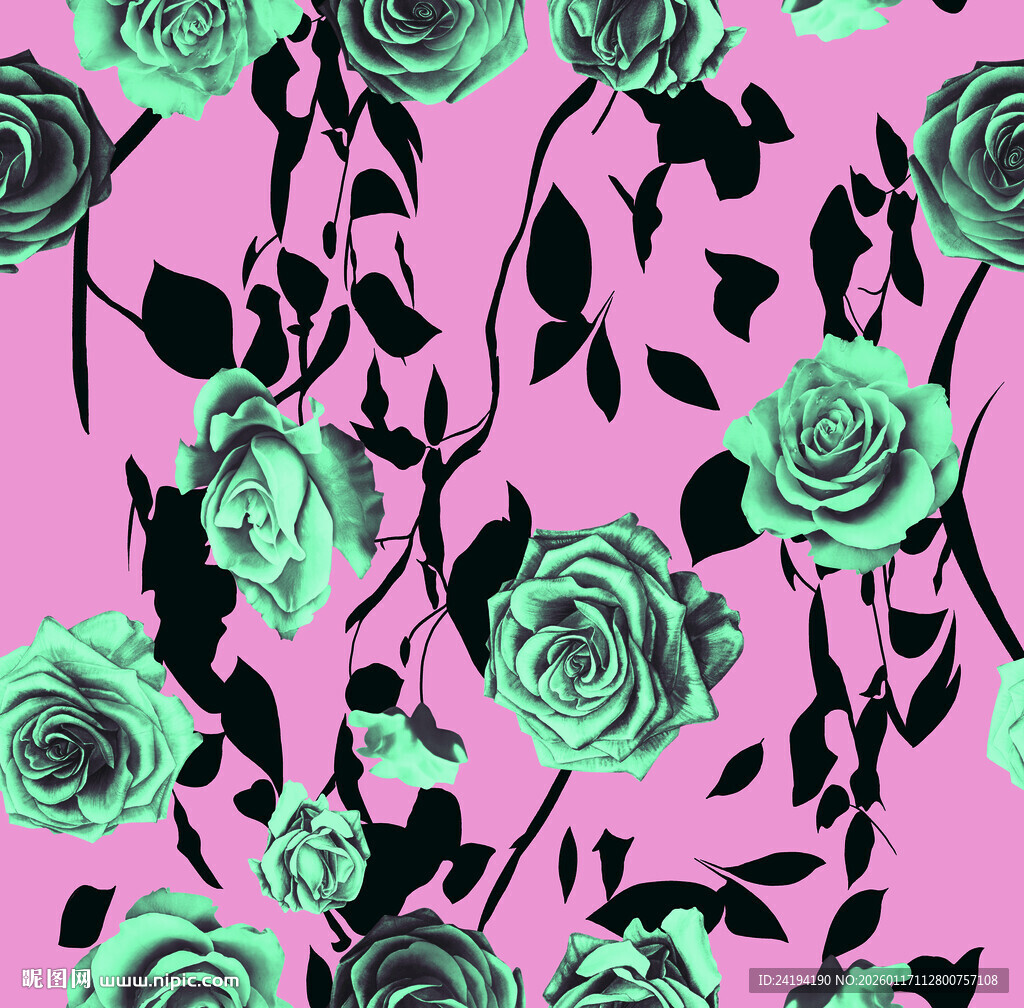 粉底绿黑玫瑰花卉图案