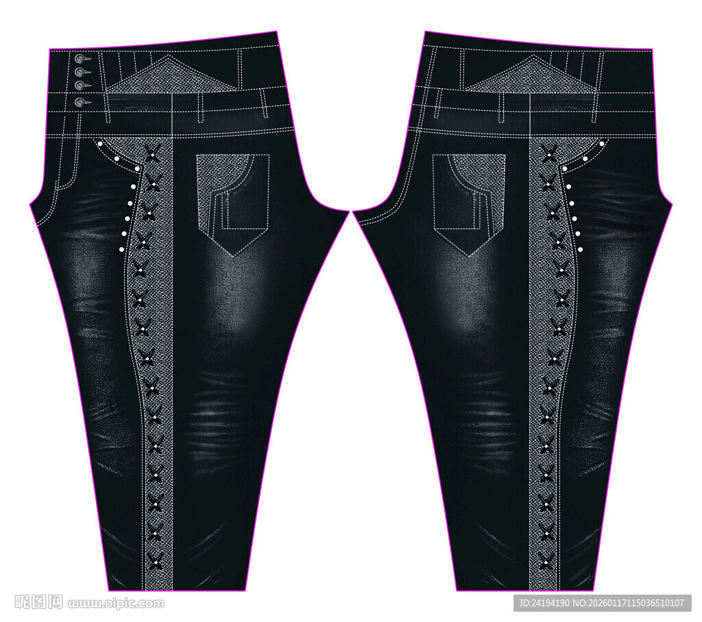 黑色个性拼接牛仔裤款式图